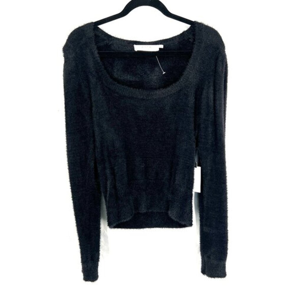 NEW ASTR the label‎ eyelash cropped puff sleeve black sweater fuzzy stretch L